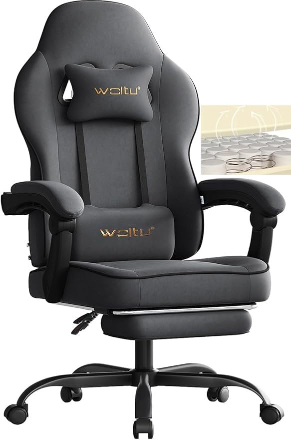 WOLTU Sedia gaming ergonomica – Seduta con molle insacchettate, poggiapiedi, cuscini lombare e testa, carico 150 kg, grigia