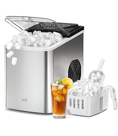 WIE Macchina per ghiaccio 15 kg – 9 cubetti in 6 min, maniglia portatile, argento, per casa/cucina/ufficio/camper