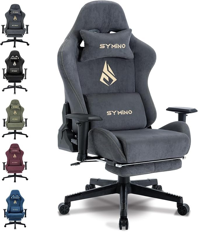 Symino Sedia gaming ergonomica – Tessuto morbido e traspirante, poggiapiedi, girevole e regolabile, grigia