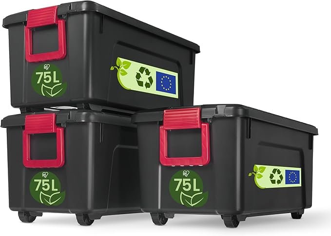 Iris Ohyama SIA-60 Power Box Set di 3 contenitori 60 L – Plastica, coperchio, clip e maniglie