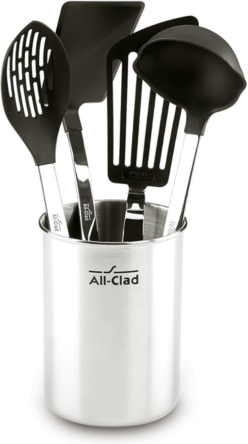 All-Clad Set di 4 utensili da cucina con teste in nylon – Acciaio inox, contenitore incluso, argento
