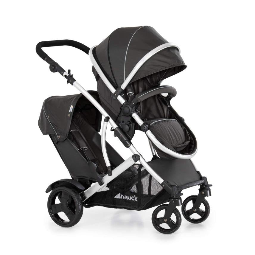 Hauck Duett 2 Passeggino doppio con parapioggia – Fino a 15 kg per bambino, seduta principale trasformabile in navicella dalla nascita, seconda seduta rimovibile, altezza regolabile, Black Forest
