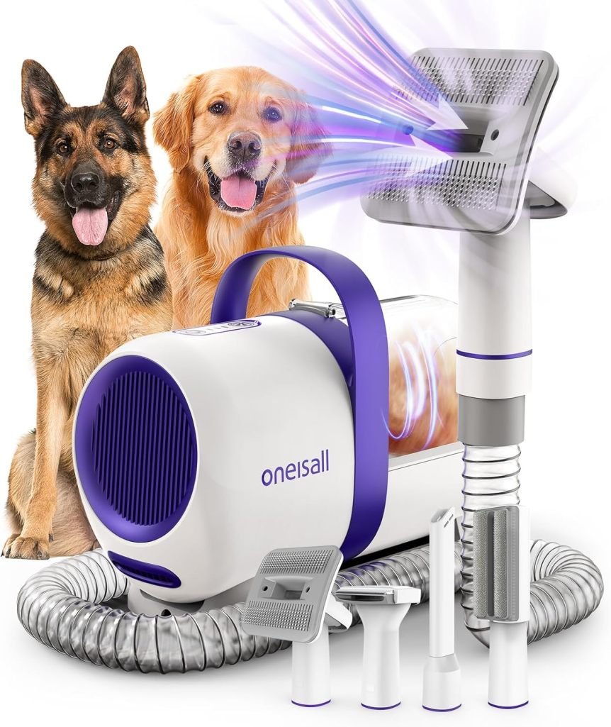 oneisall Aspirapolvere per cani con spazzola – Potenza 12.000 Pa, aspirazione dei peli con un pulsante, 4 accessori per toelettatura