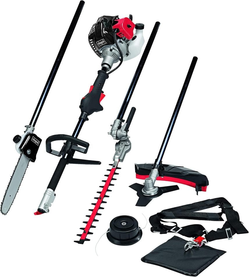 Scheppach MT33P Attrezzo da giardino a scoppio multifunzione 4-in-1 – Tagliabordi, motosega, decespugliatore e tagliasiepi, 1,22 CV, motore 2 tempi, imbracatura inclusa