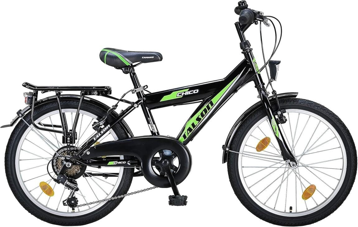 Talson Bicicletta per bambini 20″ – 6 velocità, illuminazione conforme StVZO, nero/verde