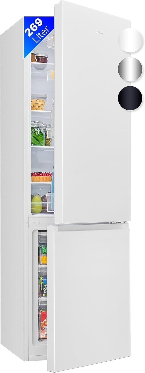 Bomann® Frigorifero-congelatore 269 L – 198 L frigorifero + 71 L congelatore, 39 dB, LED, porta reversibile, 180 × 55 × 55,8 cm, KG 184.1 bianco