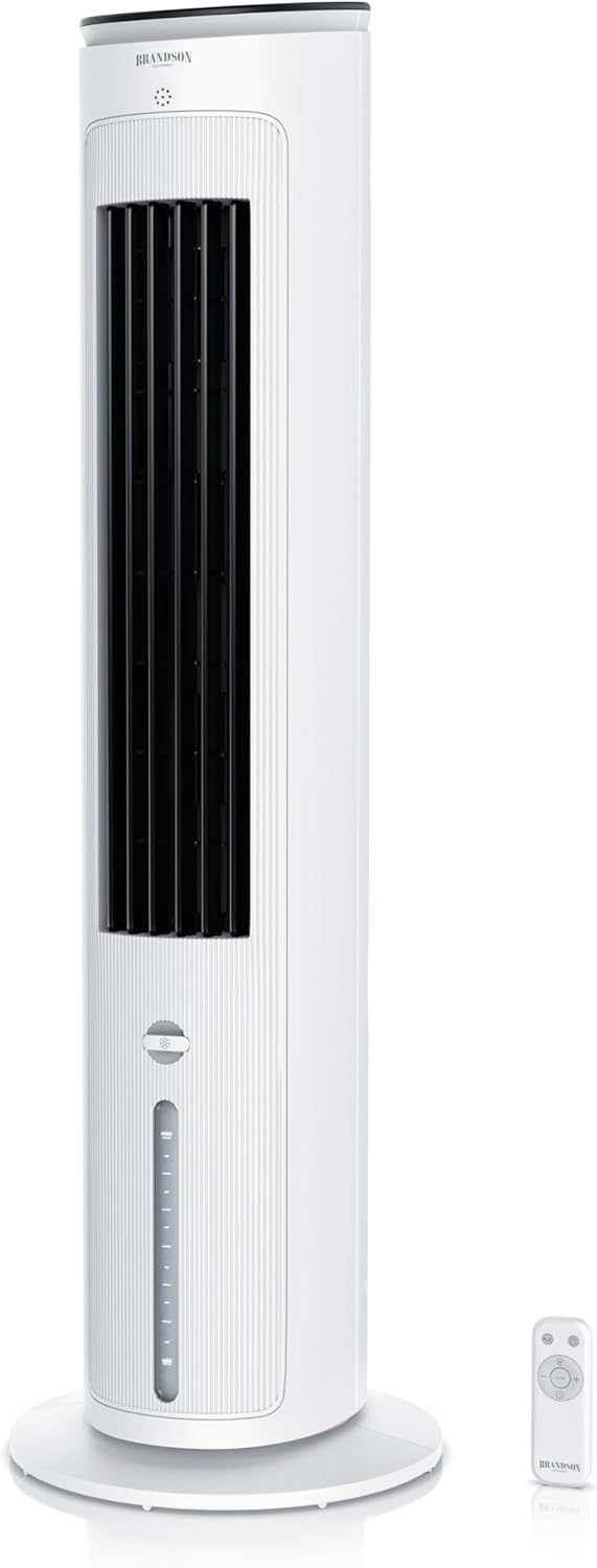 Brandson Ventilatore a torre con raffrescamento ad acqua – Vincitore 2025, raffrescatore evaporativo 5 in 1, silenzioso, senza tubo di scarico, serbatoio 4,6 L, bianco