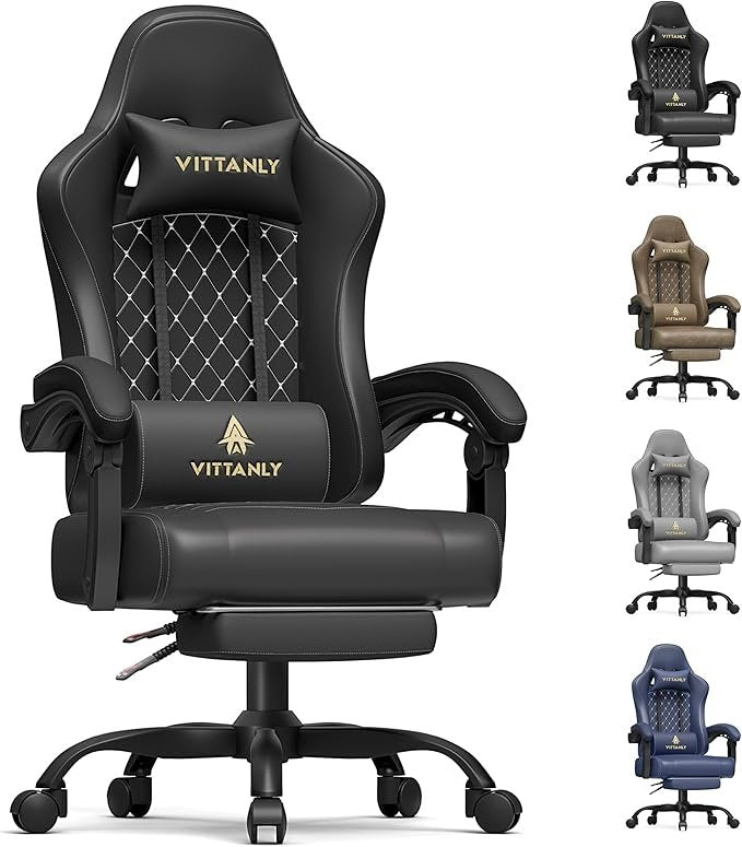 Vittanly Sedia gaming ergonomica – Seduta a molle, poggiatesta, cuscino lombare, poggiapiedi, altezza regolabile, carico 150 kg, nera