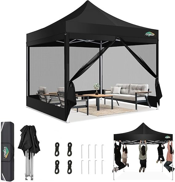 COBIZI Gazebo pieghevole 3 × 3 m – Gazebo pop-up impermeabile e stabile con protezione UV, pareti in zanzariera e borsa da trasporto, nero