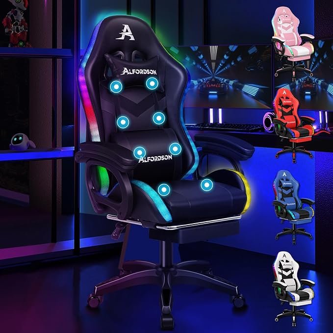 ALFORDSON Sedia gaming Racing ergonomica RGB LED – Massaggio, poggiapiedi, schienale 90-150°, carico 180 kg, nera