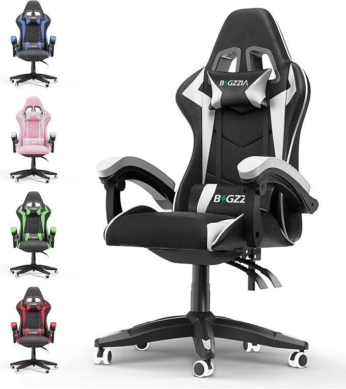 bigzzia Sedia gaming ergonomica – Cuscino lombare, poggiatesta, altezza regolabile, per adulti, nero/bianco