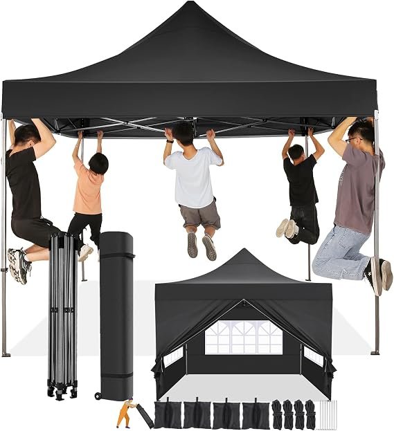 COBIZI Gazebo pieghevole 3 × 3 m – Tenda pop-up impermeabile, stabile, resistente all'inverno, protezione UV, 4 pareti, borsa da trasporto con ruote, nera
