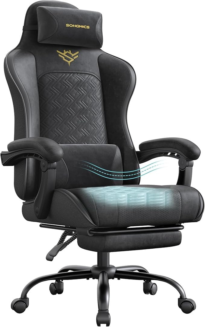 SONGMICS Sedia gaming ergonomica – Seduta a molle, poggiapiedi e braccioli sincronizzati, Ink Black OBG079B01