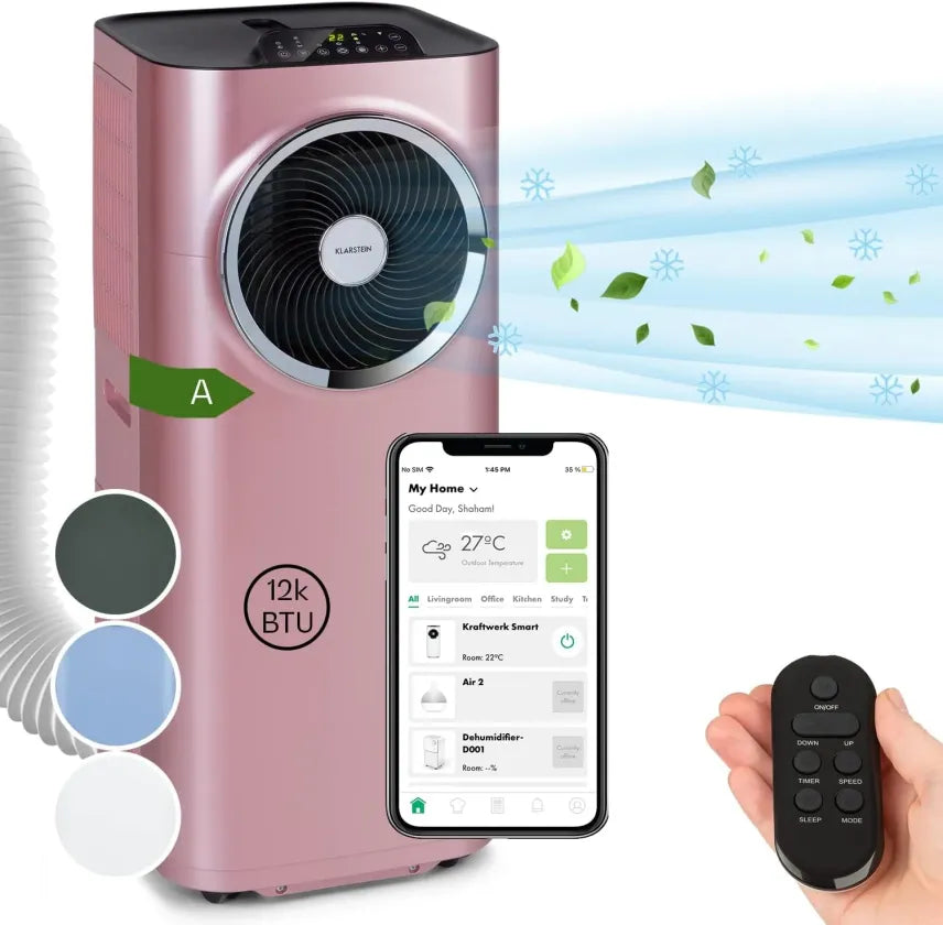 Klarstein Climatizzatore portatile 5 in 1 con tubo di scarico – Ventilatore, deumidificatore, purificatore d'aria, modalità notte, controllo tramite app, per casa e ufficio