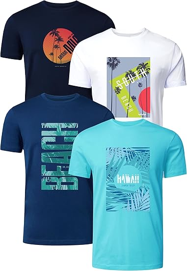 FULL TIME SPORTS PRINT-003 T-shirt uomo, set da 4 – 100% cotone, maniche corte, girocollo, stampe casual