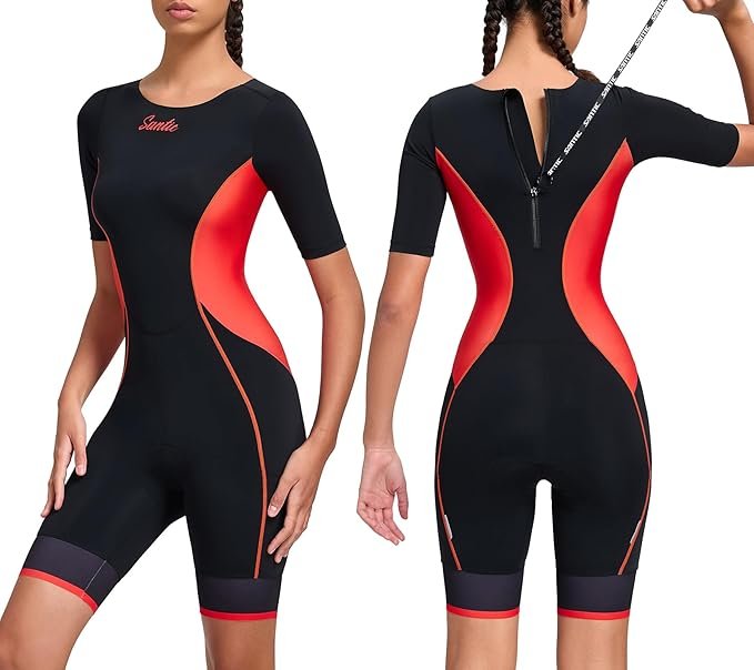 Santic Tuta da triathlon donna – Intera imbottita, maniche corte, asciugatura rapida, vestibilità contenitiva per ciclismo e triathlon