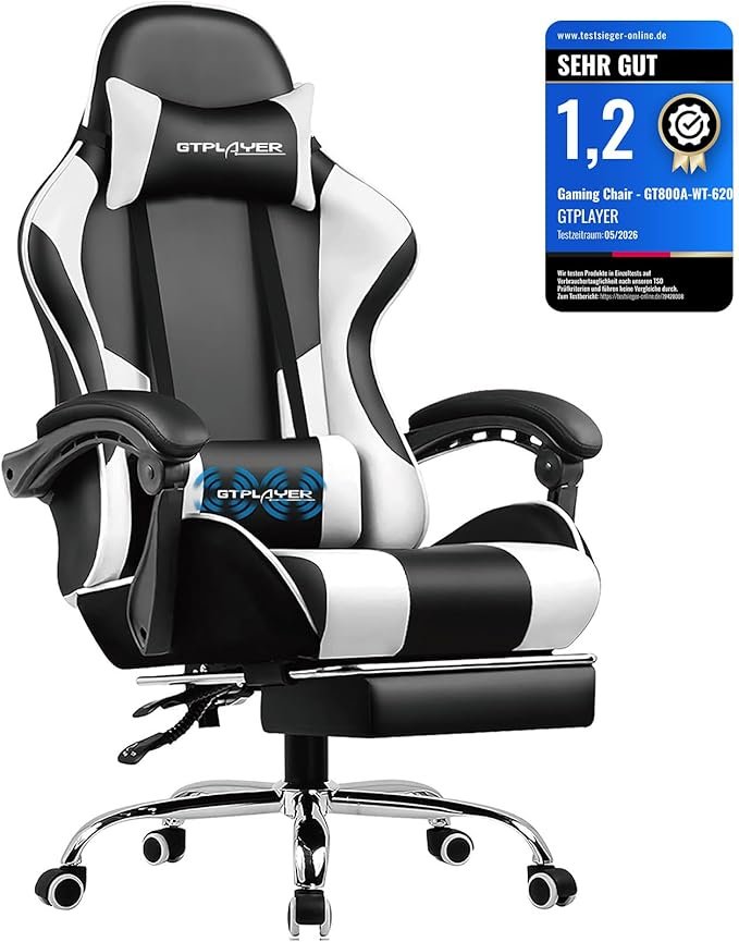 GTPLAYER Sedia gaming ergonomica con poggiapiedi – Cuscino lombare massaggiante, imbottita, carico 150 kg, bianca