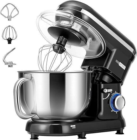 VIVOHOME Robot da cucina 5,7 L – 1500 W, 10 velocità, ciotola inox, frusta, gancio impastatore e frusta piatta, nero
