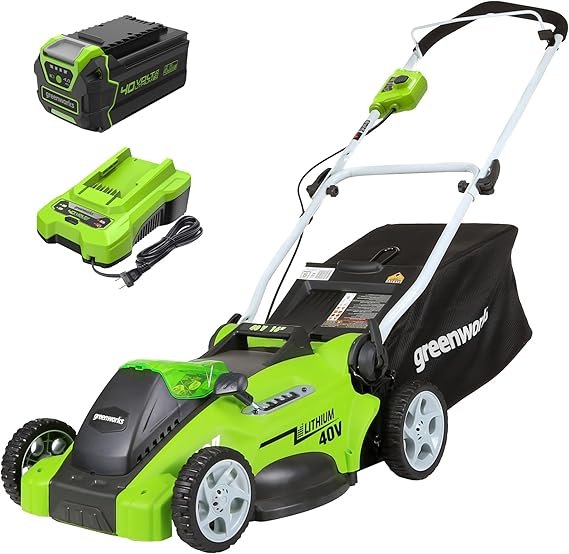 Greenworks Tosaerba a batteria 40 V 16 pollici – Modello a spinta con batteria 4,0 Ah, avvio a pulsante, autonomia fino a 1/3 di acro