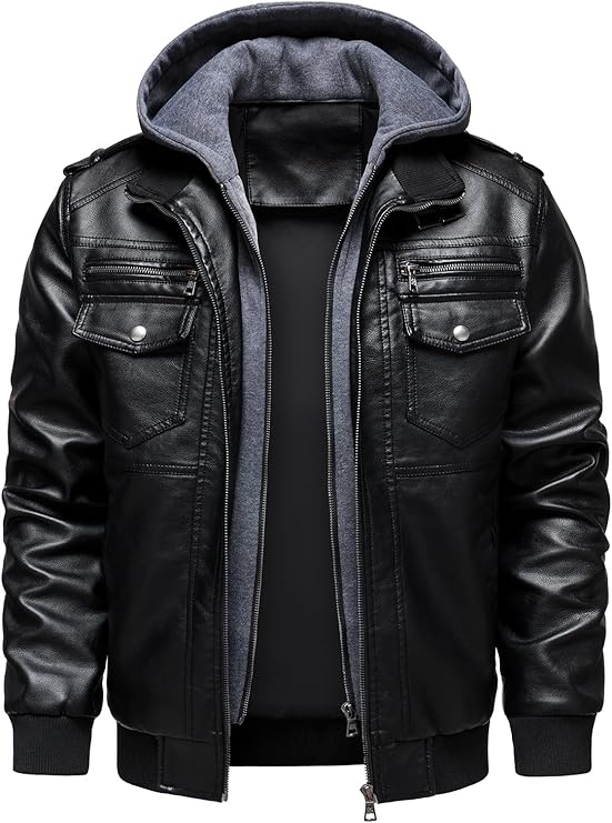HOOD CREW Giacca uomo in similpelle con cappuccio – Biker vintage stile bomber, idrorepellente e antivento
