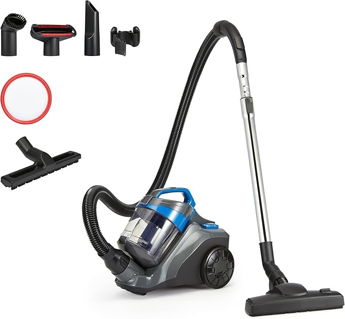 Amazon Basics Aspirapolvere a traino senza sacco 850 W – Contenitore 1,7 L, filtro HEPA, compatto e leggero, nero/blu