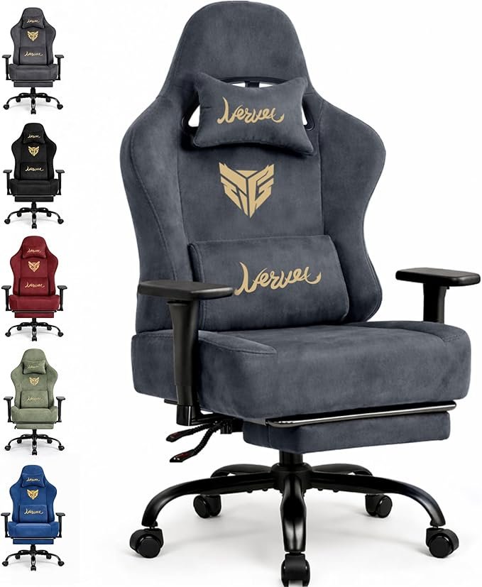 Sedia gaming ergonomica in tessuto effetto scamosciato – Braccioli 3D, schienale regolabile, poggiapiedi, carico 220 kg, grigia