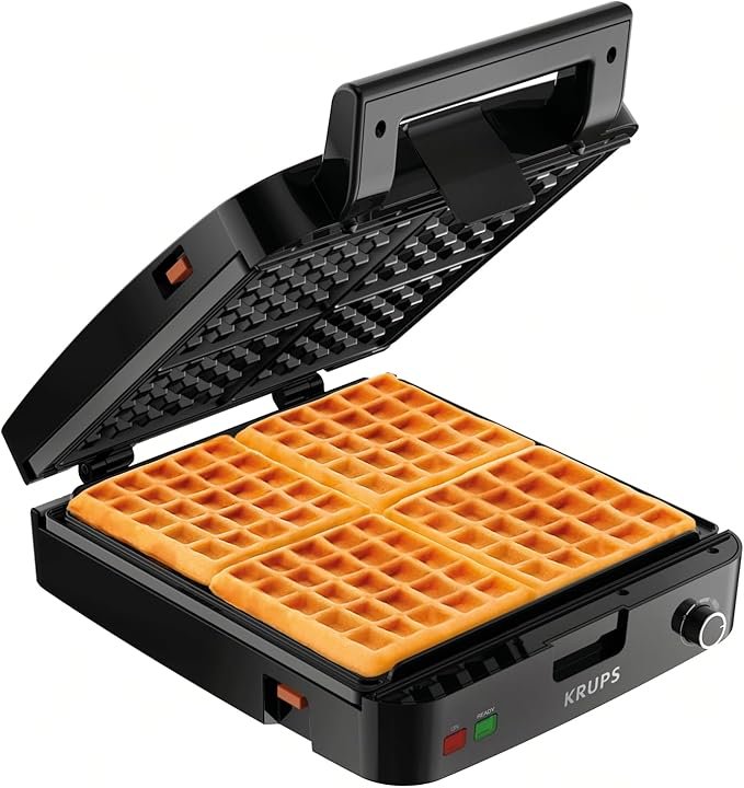 KRUPS Piastra per waffle belgi per 4 waffle – 1200 W, inox, 5 livelli di doratura, piastre rimovibili