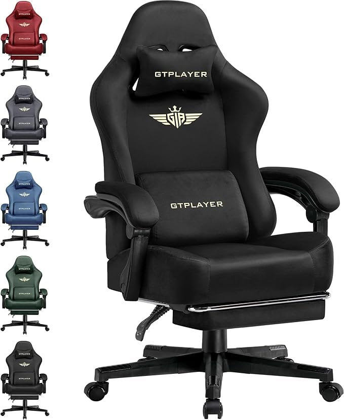 GTPLAYER Sedia gaming ergonomica – Tessuto traspirante, schienale regolabile a 160°, poggiapiedi retrattile, carico 180 kg, nera