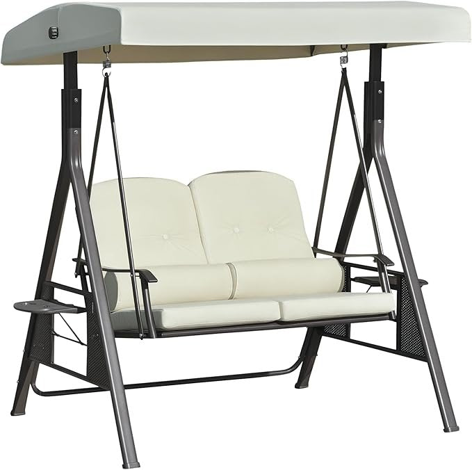 Outsunny Dondolo da giardino 2 posti – Tetto regolabile, cuscini, guanciali e tavolino, beige