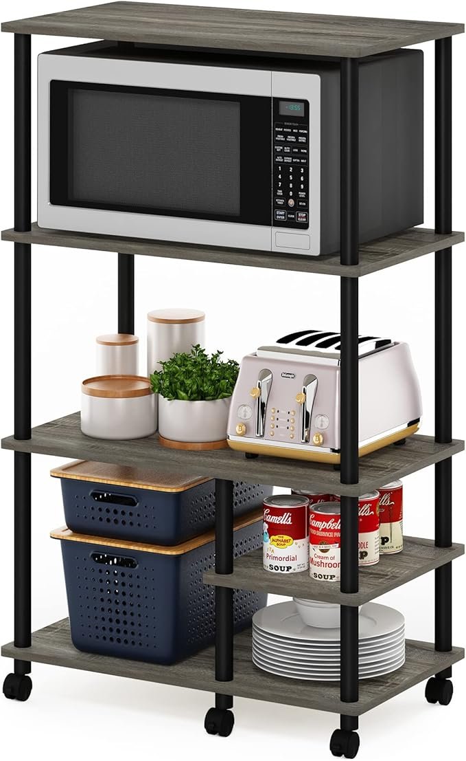 Furinno Turn-N-Tube Scaffale da cucina su ruote 4 livelli – Montaggio senza attrezzi, rovere grigio/nero