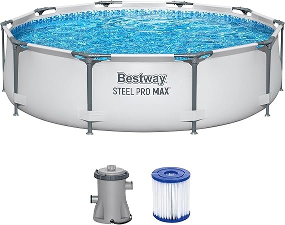 Bestway Steel Pro Max Piscina tubolare rotonda con pompa filtrante Ø 305 × 76 cm, grigio chiaro
