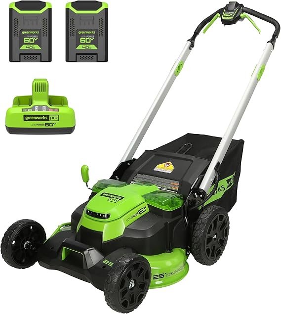 Greenworks Tosaerba a batteria 60 V 25 pollici – Semovente, motore brushless, 2 batterie 4,0 Ah e doppio caricabatterie, fino a 80 min di autonomia