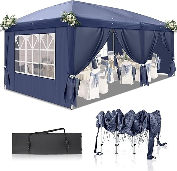 Gazebo pieghevole 3 × 6 m – Tenda per ricevimenti impermeabile, stabile, resistente all'inverno, UV 50+, Oxford 420D, altezza regolabile, blu