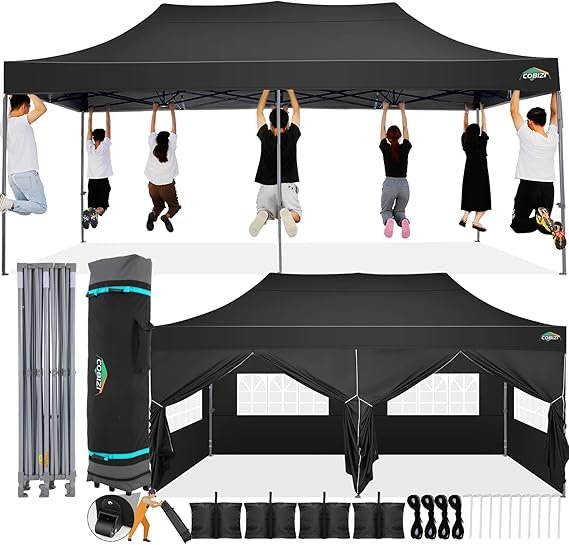 COBIZI Gazebo pieghevole 3 × 6 m – Tenda pop-up impermeabile con pareti, stabile e resistente all'inverno, borsa da trasporto con ruote, nera