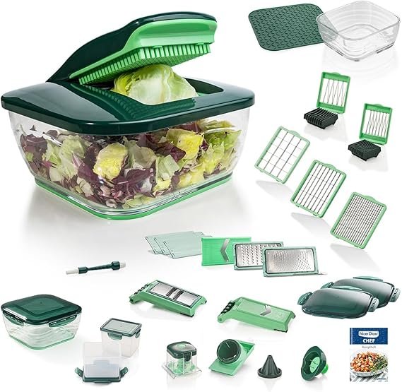 Genius Nicer Dicer Chef Tagliaverdure multifunzione 34-in-1 – Mandolina, grattugia professionale, ciotola in vetro, tagliapomodoro, fette, bastoncini, strisce, spirali e julienne