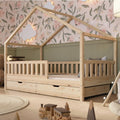 Crazy Pine Letto a casetta con cassetti 200 × 90 cm – Legno naturale, sponda anticaduta rimovibile, letto Montessori a pavimento con contenitore, Crazy House