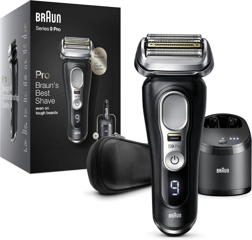 Braun Series 9 Pro Rasoio premium uomo – Testina 4+1, rifinitore ProLift, PowerCase, stazione di pulizia 5 in 1, autonomia 60 min, prodotto in Germania, 9477cc, argento