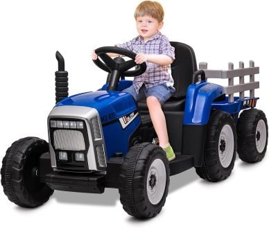 HAUSPROFI Trattore elettrico per bambini 12 V 3 velocità con rimorchio – 2 modalità di guida, telecomando 2,4 GHz, LED, Bluetooth, musica, USB