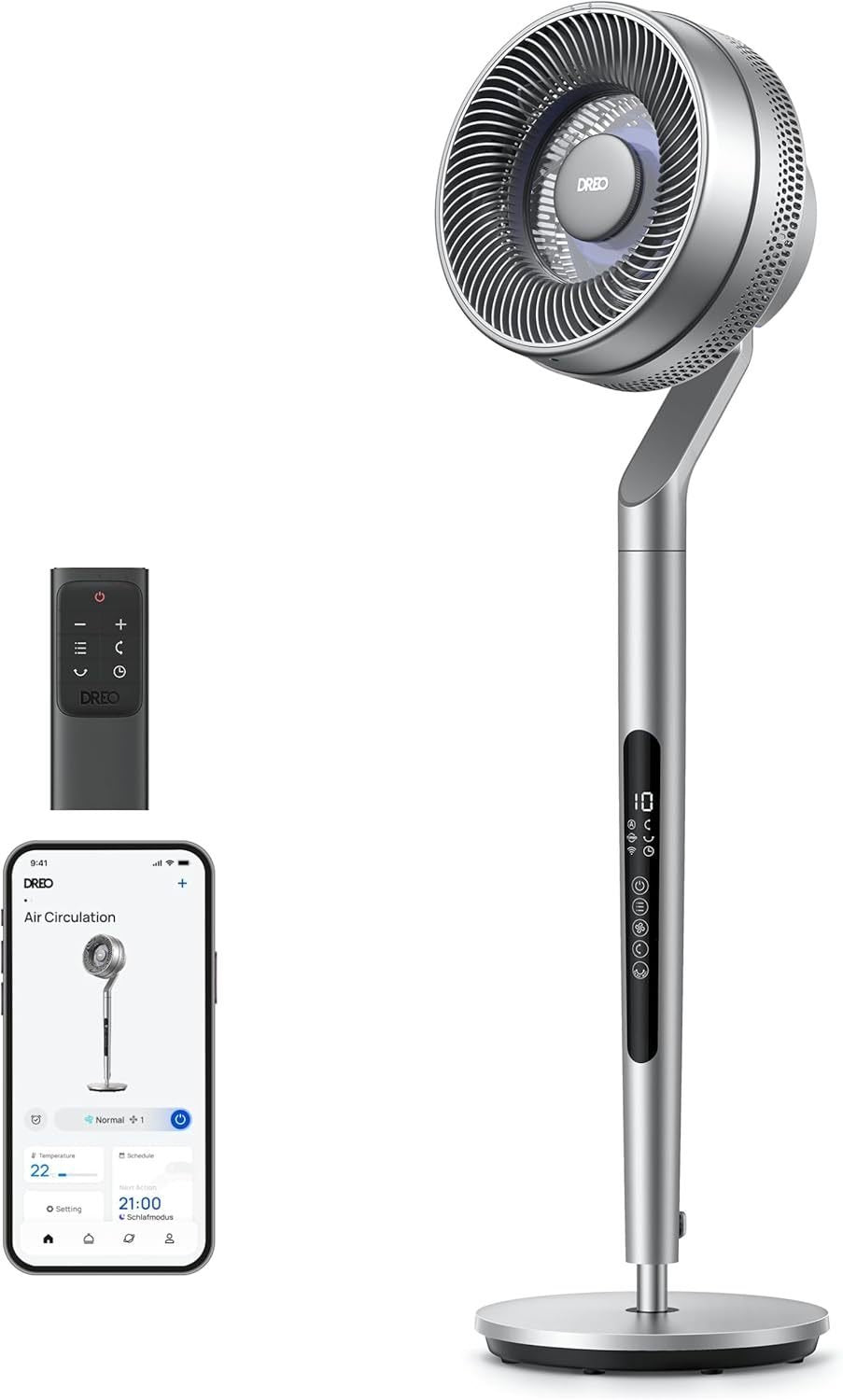 Dreo Ventilatore a piantana intelligente – Altezza 101,6-111,8 cm, motore DC silenzioso, oscillazione 120° + 85°, portata d'aria 30,5 m, 10 velocità