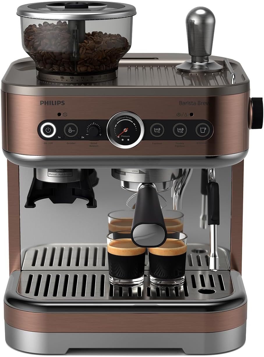 Philips Barista Brew Macchina espresso semiautomatica PSA3218/01 – Espresso singolo/doppio, Americano, contenitore chicchi 250 g, pressatura calibrata, argento metallizzato