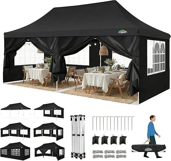 COBIZI Gazebo pieghevole 3 × 6 m – Tenda per ricevimenti impermeabile e resistente all'inverno, protezione UV, 6 pareti laterali e 4 sacchi zavorra, nera