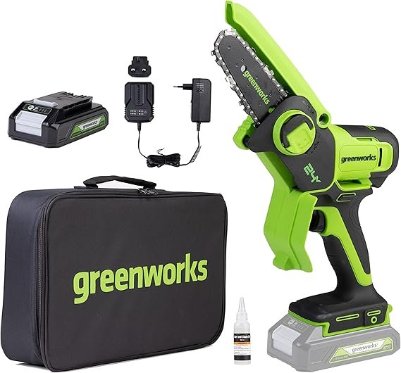 Greenworks Mini motosega a batteria 24 V 10 cm (4 pollici) – Batteria 2 Ah, velocità catena 7,8 m/s, per rami e lavori in giardino