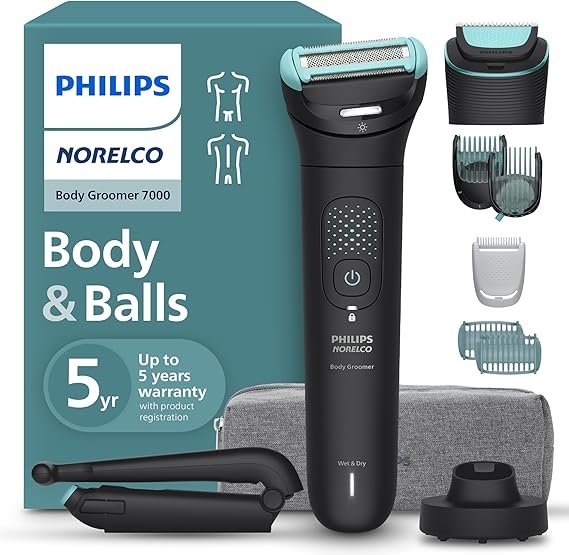 Philips Norelco Body Groomer 7000 Series – Regolabarba corpo intero impermeabile da uomo, custodia da viaggio, Triple Protect Shave System e testina 2D Flex (BG7490/50)