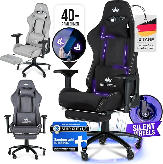ELITESEATS Sedia gaming ergonomica premiata – Tessuto traspirante, braccioli 4D, ruote antigraffio, poggiapiedi, carico 150 kg