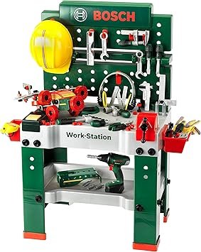 Klein Bosch Banco da lavoro n.1 (8485) – Banco da lavoro per bambini 150 pezzi con avvitatore elettronico e accessori, 62 × 42 × 100 cm, dai 3 anni