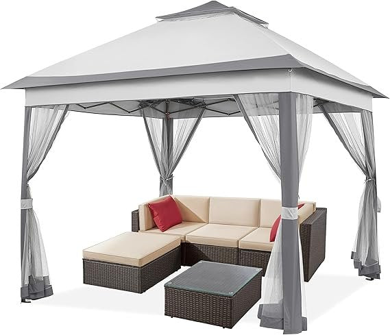 Yaheetech Gazebo pieghevole 3,3 × 3,3 m – Impermeabile, altezza regolabile, zanzariere, doppio tetto, borsa da trasporto, grigio chiaro/scuro