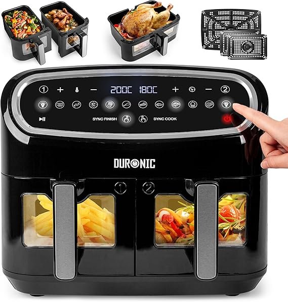 Duronic AF34 BK Set Airfryer – 10 L + 2 cassetti da 5 L, 10 programmi, cottura sincronizzata e funzione Finish, cottura senza olio, nero