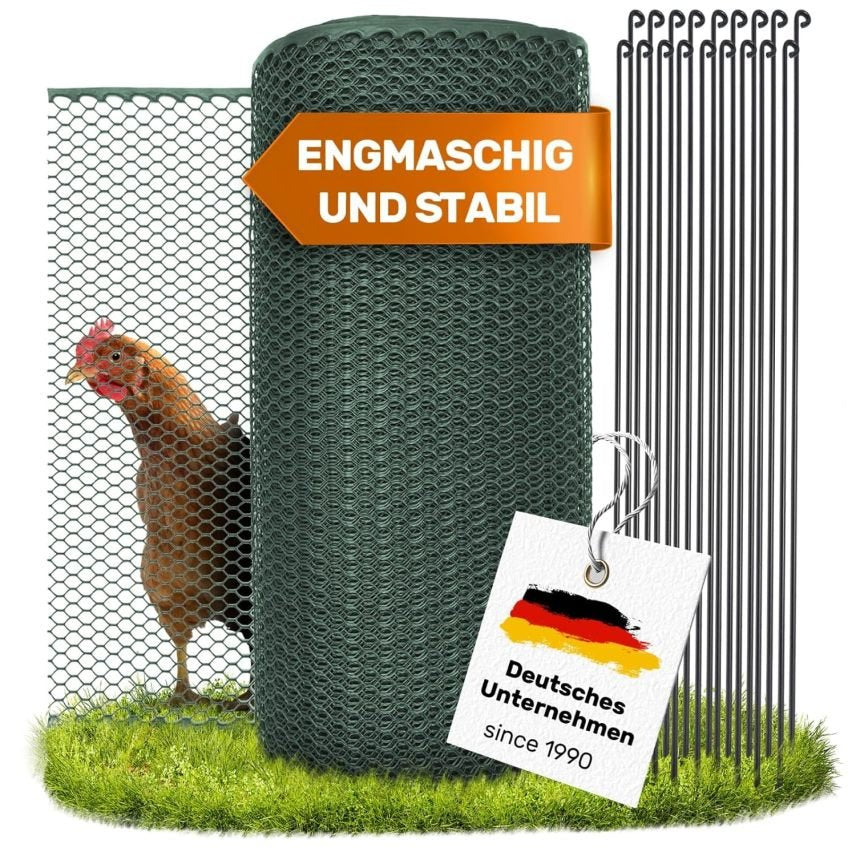 SELFmania Rete recinzione per galline 25 m × 120 cm – Maglia fitta, stabile, anti-UV, 21 picchetti + 25 picchetti a U, per pollame, cani e piccoli animali