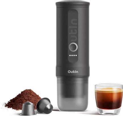 OutIn Nano Macchina espresso portatile a batteria – Riscaldamento elettrico USB-C, 2-in-1 caffè macinato e capsule NS, viaggio e campeggio