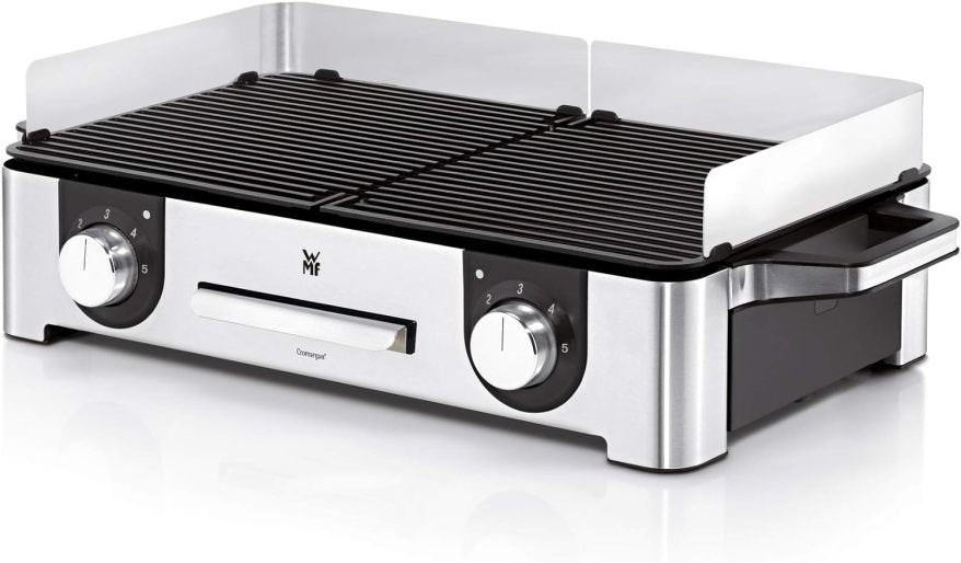 WMF Lono Master-Grill Barbecue elettrico 50 × 28 cm – Grill da tavolo con paravento e vaschetta raccogligocce, certificato per esterni, 2 zone regolabili separatamente, 2400 W, acciaio inox opaco